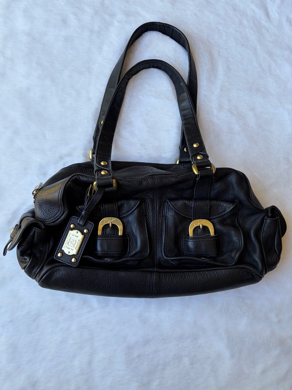 Vintage Y2K Black Faux Leather Slouchy Hobo Shoulder Bag with Gold Buckles